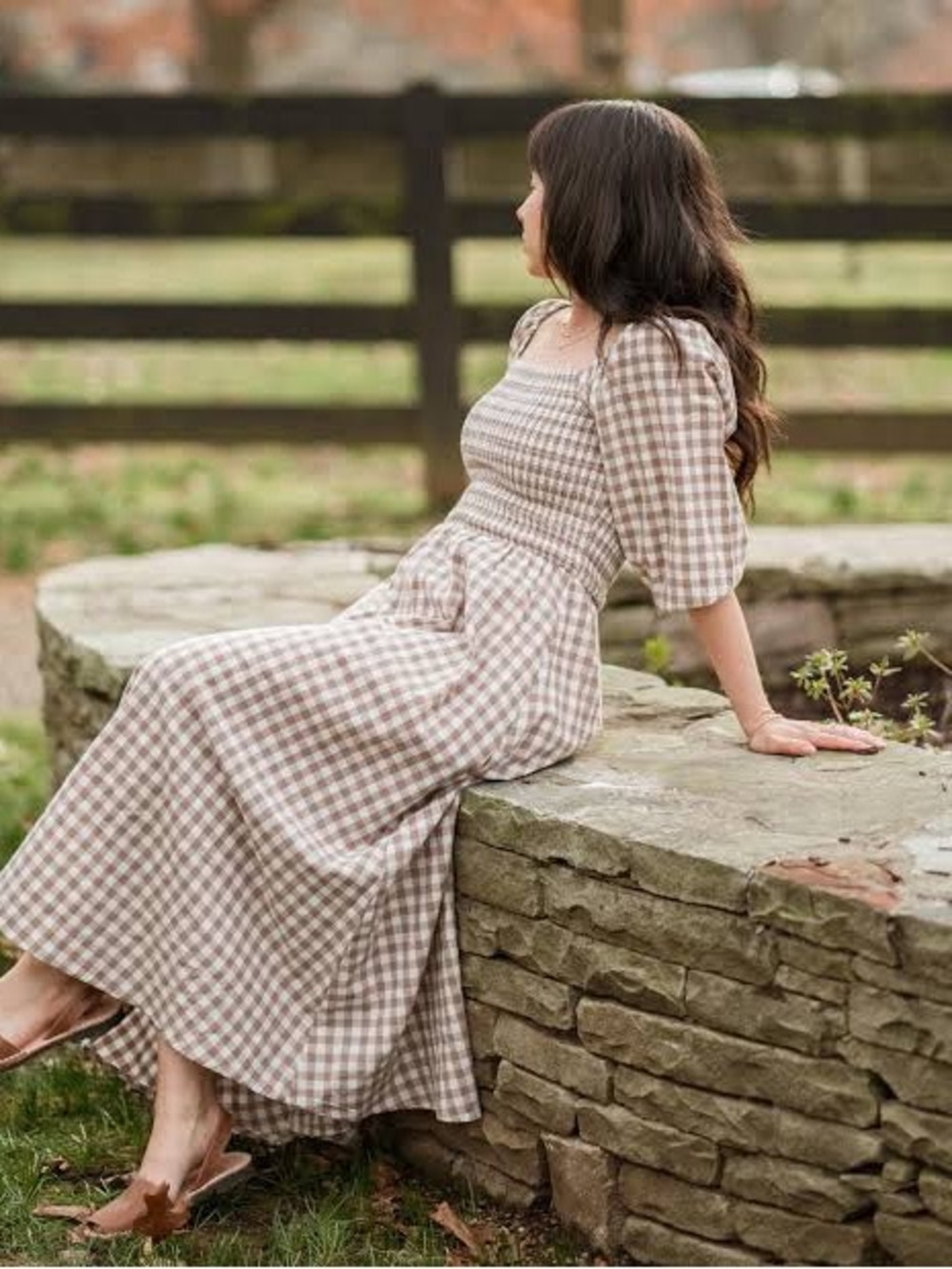 Neuflora Gingham Puff-Sleeve Maxi Dress in Brown and Cream